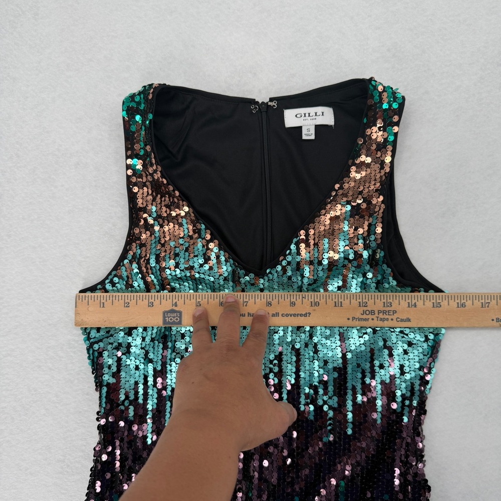 Gilli Womens Sequin Ombre V-Neck Mini Dress Teal Green Bronze MD6733G Size S - Picture 5 of 7